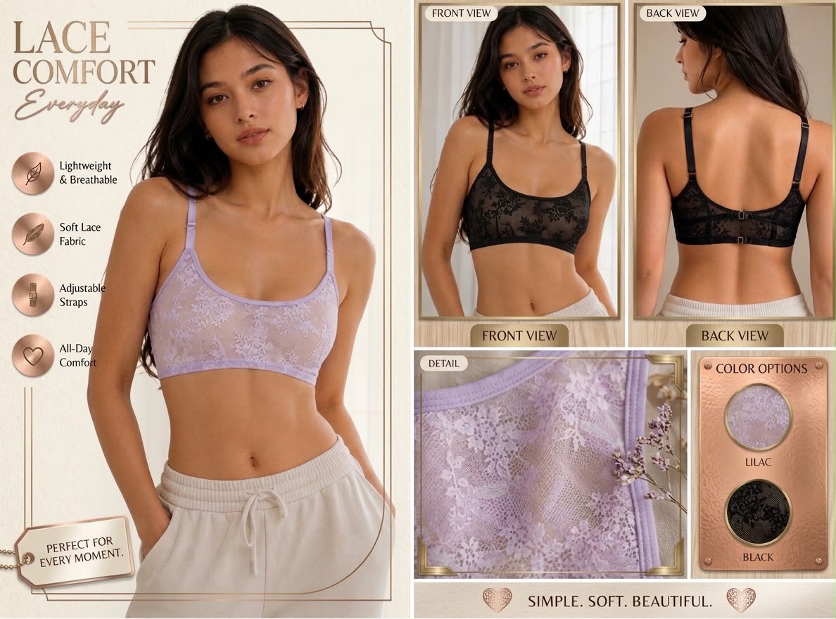 Lace Comfort Everyday Bralette - 2 Pcs Combo (Lilac & Black)